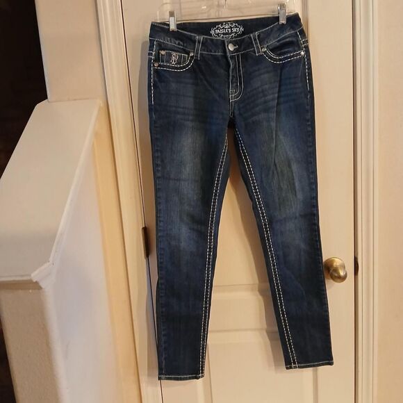 Paisley Sky Denim - Mcbling Jewel Embellished Pockets Low Rise Skinny Stretch Jeans Thick Stitch 8